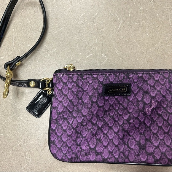 Coach Handbags - Coach Snakeskin Satin Pattern Purple Wristlet